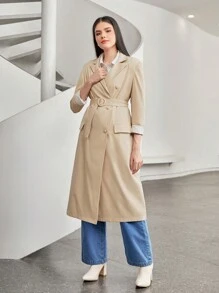 Seusyu Lapel Neck Double Breasted Belted Coat - Khaki - View 5