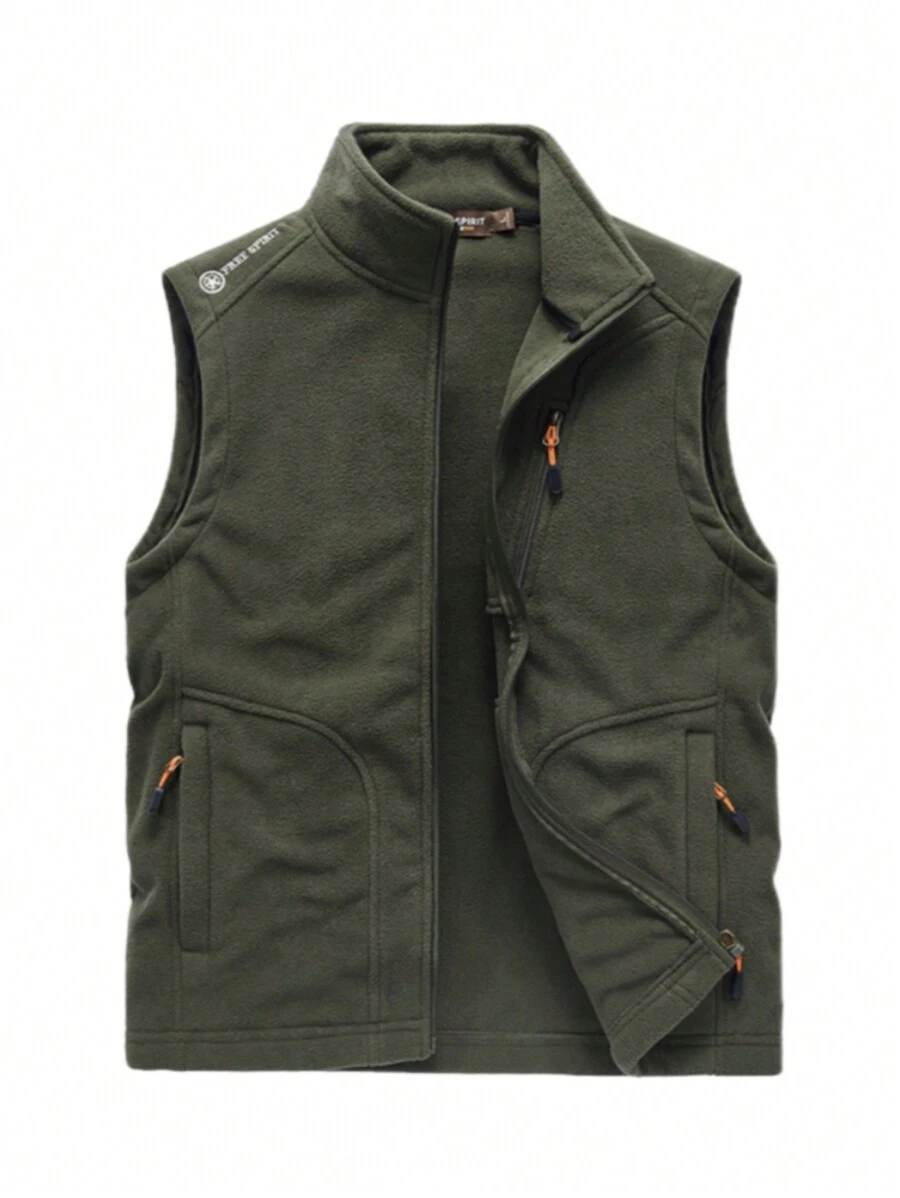 男士拉鍊抓絨背心開襟衫運動服男士 - 軍綠色 - 查看 1