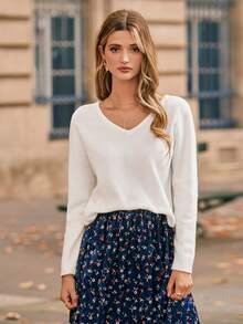 SHEIN Frenchy Ren tương phản Nơ phía sau Áo len - trắng - Xem 4