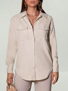 SHEIN Essnce Abrigo con bolsillo con solapa bajo curvo - Caqui - Ver 1