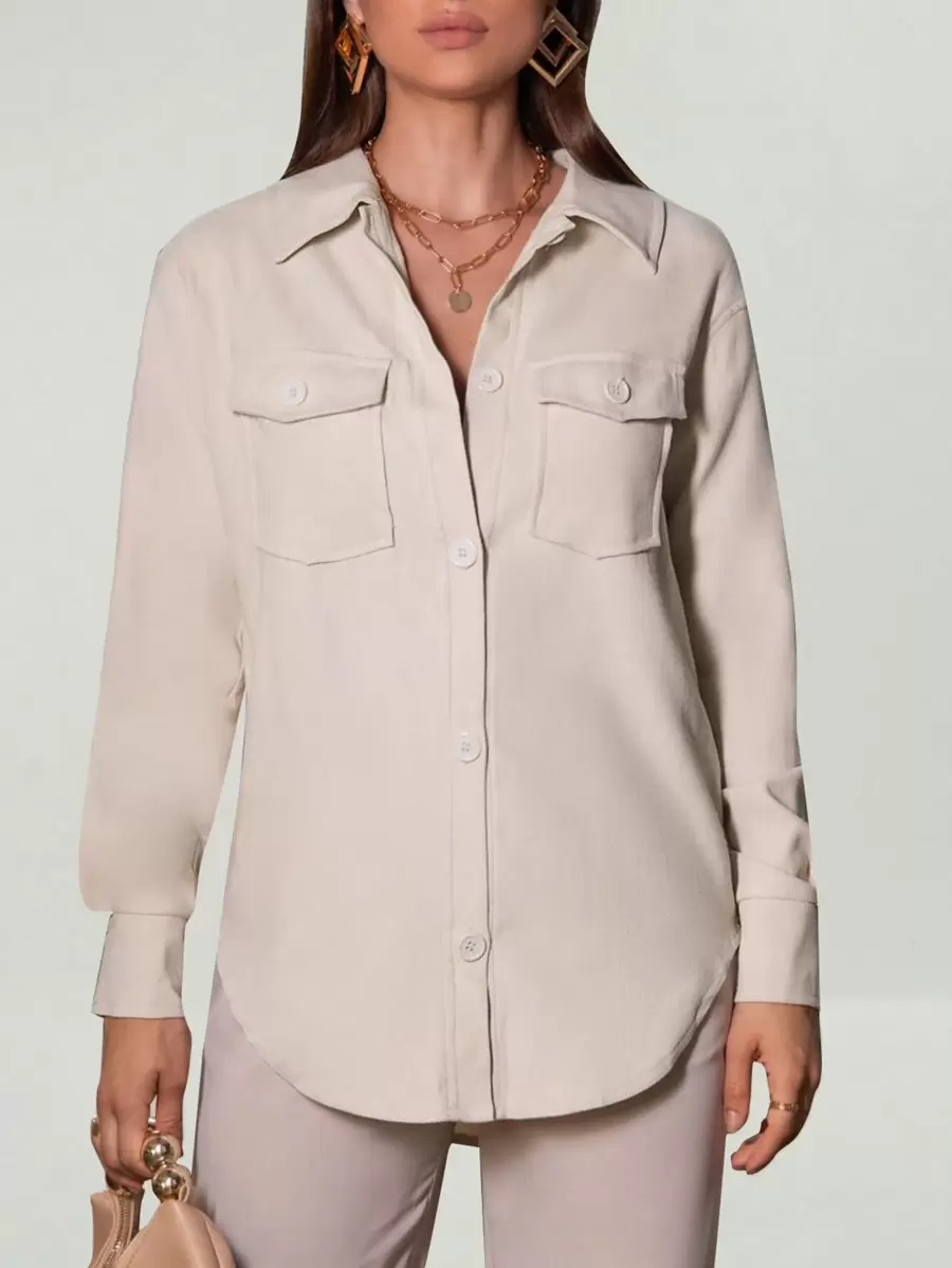 SHEIN Essnce Abrigo con bolsillo con solapa bajo curvo - Caqui - Ver 1