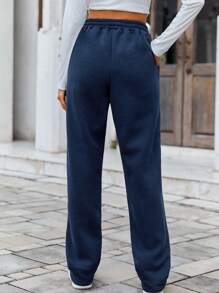 SHEIN Cottnline Letter Pattern Elastic Waist Sweatpants - Navy Blue - View 2