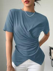 DAZY 素色交叉圍裹不對稱下擺T恤 - 藍色 - 查看 4