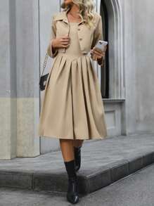 SHEIN LUNE Solid Button Front Shirt & Fold Pleated Dress - Khaki - View 5