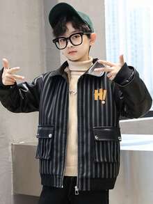 1件 Tween 男孩用厚毛領填充pu皮夾克,冬季必備 - 黑色 - 查看 5