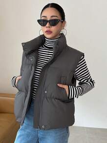 DAZY Zip Up Puffer Vest Pockets Coat - Grey - View 8