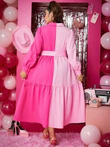 Calvaya Plus Two Tone Ruffle Hem Belted Shirt Dress - Hot Pink - View 2
