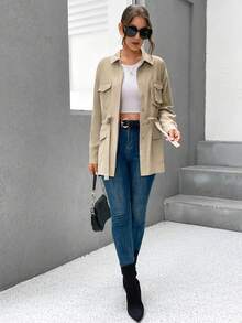 SHEIN Essnce 有蓋口袋落肩抽繩馬甲 - 卡其色 - 查看 4