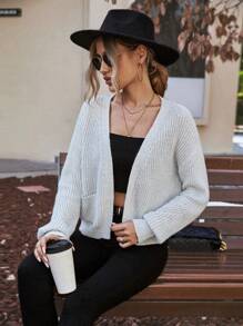 EMERY ROSE Dual Pocket Drop Shoulder Cardigan,Long Sleeve Tops Fall Winter Cloth For Women - Light Grey - View 5