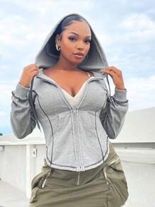 SHEIN SXY Top-stitching Zip Up Curved Hem Drawstring Hoodie - Grey - View 1