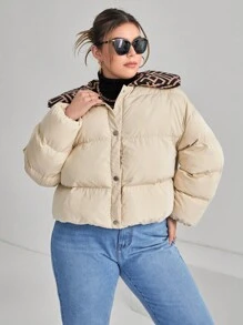 SHEIN Essnce Plus Geo Print Collar Padded Coat - Apricot - View 4