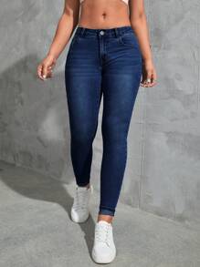 SHEIN Qutie Slant Pocket Skinny Jeans - Medium Wash - View 6