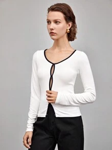 BizChic Contrast Binding Button Front Tee - White - View 7