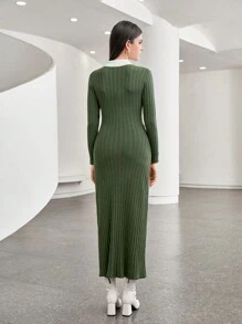 Seusyu Contrast Collar Button Front Sweater Dress - Army Green - View 2