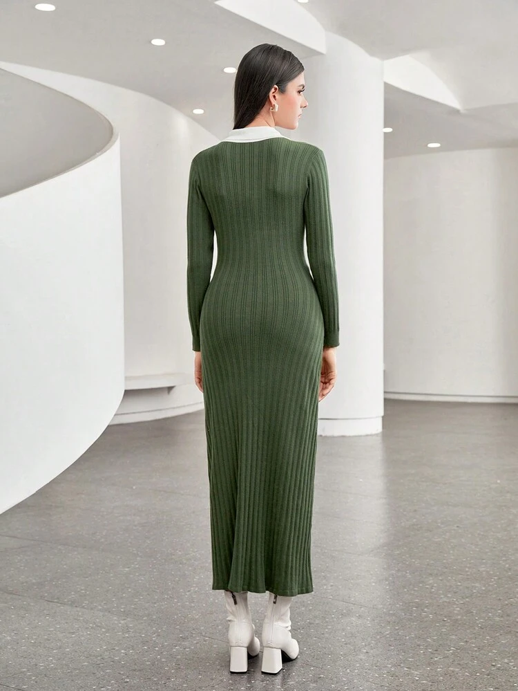 Contrast Collar Button Front Sweater Dress