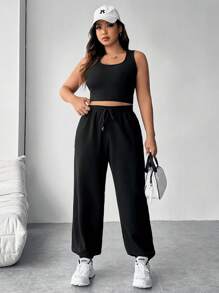 SHEIN EZwear Plus Solid Tank Top & Drawstring Waist Sweatpants - Black - View 6