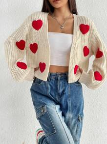 Flirla Heart Pattern Drop Shoulder Duster Cardigan Fall Winter Cloth For Women - Multicolor - View 7