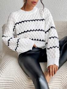 Chiquease Striped Pattern Drop Shoulder Sweater,Long Sleeve Tops Knit Pullover Fall Winter Outfit - Black and White - View 3