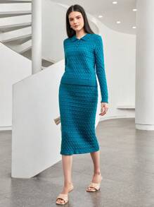 Seusyu Polo Neck Sweater & Knit Skirt 2 Piece Set - Blue - View 2