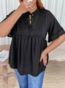 SHEIN Holidaya Plus Swiss Dot Tie Neck Contrast Lace Blouse - Black - View 3
