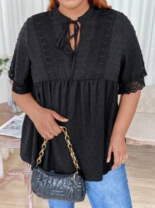 SHEIN Holidaya Plus Swiss Dot Tie Neck Contrast Lace Blouse - Black - View 6
