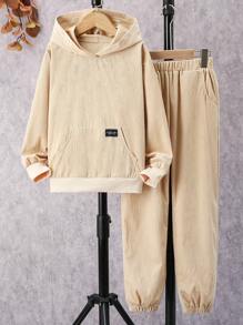 Tween Boy Letter Patched Kangaroo Pocket Hoodie & Sweatpants