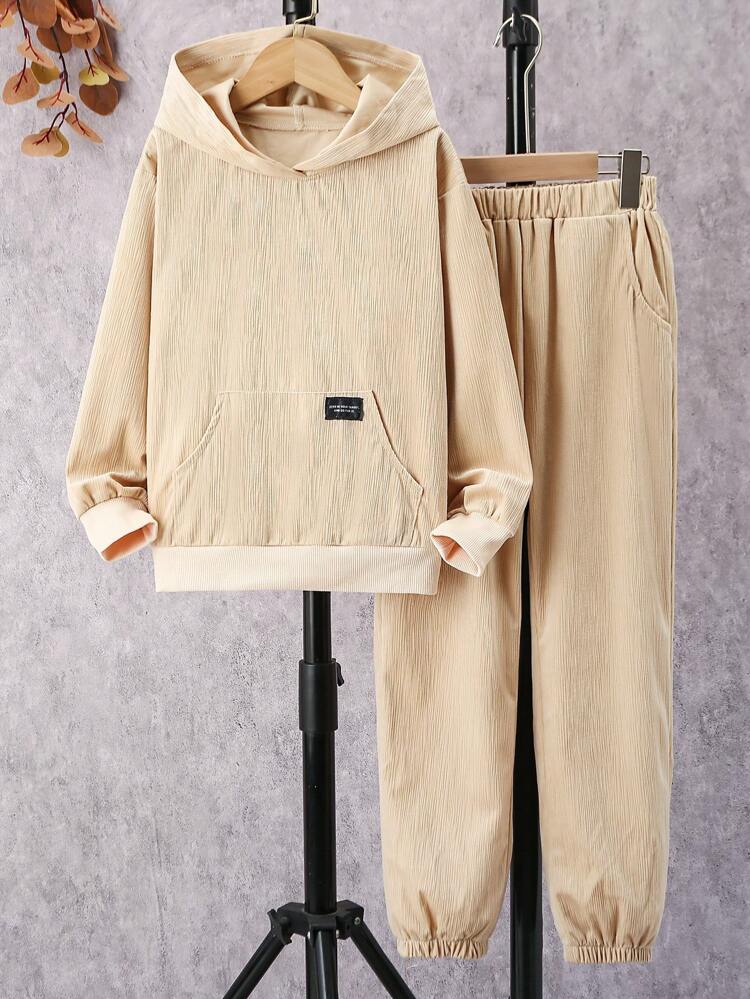 Tween Boy Letter Patched Kangaroo Pocket Hoodie & Sweatpants