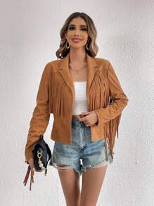 SHEIN Tall Fringe Trim Open Front Suedette Jacket - Khaki - View 5