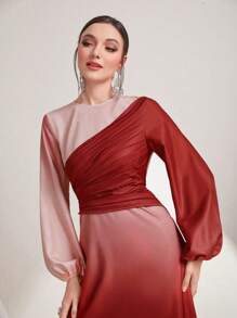 Modelyn Ombre Print Lantern Sleeve Dress - Red - View 4