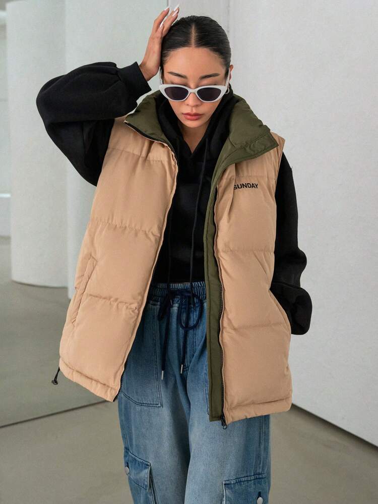 Letter Patched Detail Drawstring Hem Zipper Vest Puffer Pockets Coat ,Winter Women Clothes,Winter Coat Women Jacket