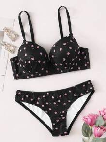 مجموعة لانجري مكونة من قطعتين: حمّالة صدر بسلك وسروال داخلي مزين بطبعات الزهور - الأسود - مشاهدة 1