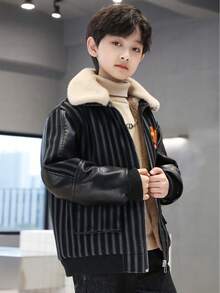 1件 Tween 男孩用厚毛領填充pu皮夾克,冬季必備 - 黑色 - 查看 4