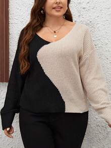 SHEIN LUNE Plus Two Tone Drop Shoulder Sweater - Khaki - View 6