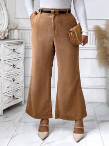 SHEIN Unity Plus Size Women's Casual Business Commute Versatile Corduroy Flare Leg Pants, Autumn (Belt Not Included) - Brown - View 4