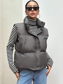 DAZY Zip Up Puffer Vest Pockets Coat - Grey - View 6