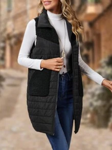 EMERY ROSE Dual Pocket Teddy Panel Vest Padded Coat - Black - View 6