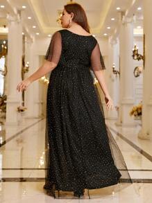 SHEIN Belle Plus Flounce Sleeve Split Thigh Mesh Dress - Black - View 2