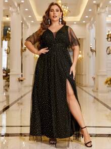 SHEIN Belle Plus Flounce Sleeve Split Thigh Mesh Dress - Black - View 4