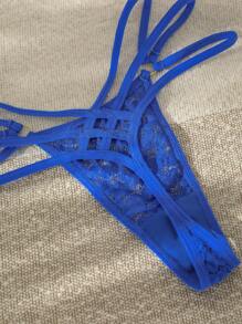 Ring Linked Cut Out Lace Thong Sexy Lingerie - Blue - View 2