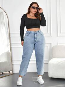 EURMUSE Plus Casual Mom Fit Jeans - Baby Blue - View 5