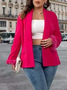 SHEIN Clasi Plus Fuzzy Cuff Shawl Collar Open Front Overcoat Fall Cloth For Women - Hot Pink - View 1