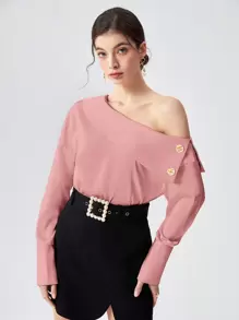 BizChic Solid Button Detail Asymmetrical Neck Blouse
