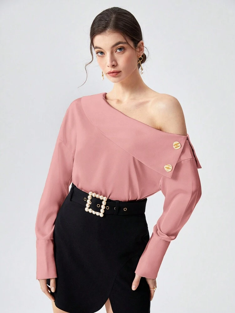 Solid Button Detail Asymmetrical Neck Blouse