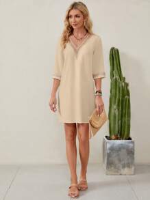 SHEIN LUNE Guipure Lace Insert Tunic Dress - Apricot - View 4