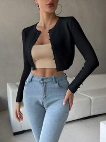 RosyDaze Solid Button Front Crop Cardigan,Long Sleeve Tops Fall Winter Cloth For Women