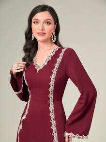Modelyn Burgundy Red Contrast Trimmed V Neck Dress - Burgundy - View 6
