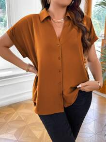 Calvaya Plus Solid Batwing Sleeve Shirt - Burnt Orange - View 5