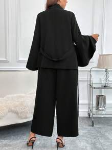 SHEIN Clasi 大碼喇叭袖腰帶西裝外套&闊腿褲 - 黑色 - 查看 2