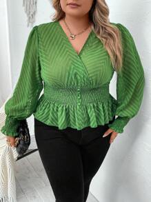 SHEIN CURVE+ Plus Surplice Neck Lantern Sleeve Peplum Blouse - Green - View 6