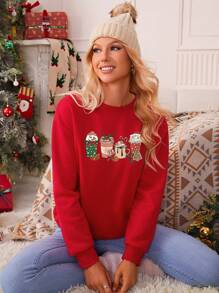 INAWLY Christmas Print Drop Shoulder Sweatshirt - Red - View 1